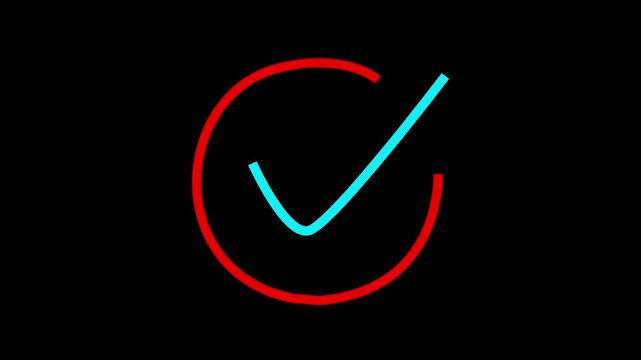  Glowing tick mark icon isolated on black Modern check mark icon animation on a black background. Success, correct or right choice icon