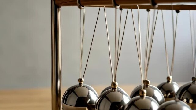 Kinetic newton's cradle with chrome pendulum spheres and golden frame demonstrating physics principles in rhythmic motion