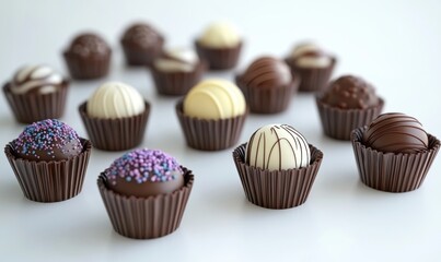 Assorted chocolate truffles on white background; delicious dessert for celebration