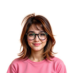Obraz premium Young Woman with Glasses and Wavy Hair Smiling Brightly, Wearing Pink Top in Indoor Natural Light