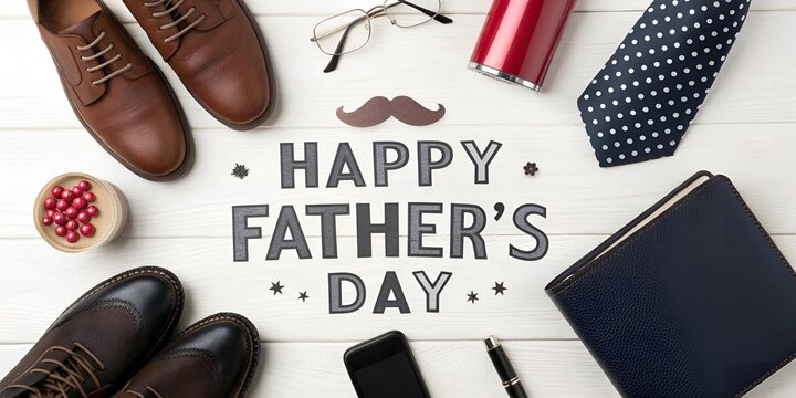 Happy Father's Day Essentials: Stylish Brown Leather Shoes, Polka Dot Tie, Classic Mustache, Glasses, Pen, Hip Flask, and Red Wallet on White Wooden Background, Perfect for Dad's Gifts.