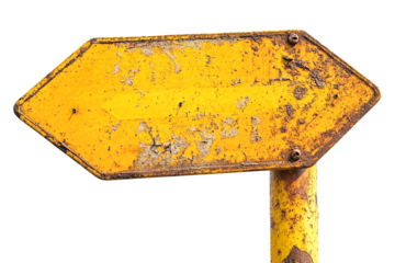 Rusty yellow arrow sign with transparent background, weathered texture, grunge style, isolated, directional, vintage, aged, metal, outdoor, industrial, graphic design element, pointing,