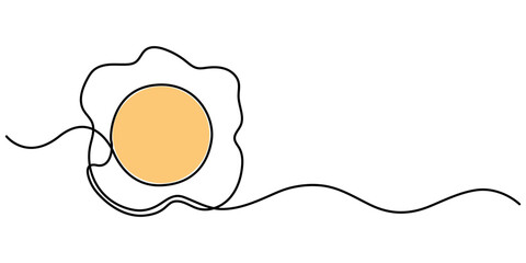 Fried egg vector one line continuous drawing illustration. Hand drawn linear silhouette icon. Minimal design element for print, banner, greeting card, brochure, menu, logo. Food, snack, meal.        