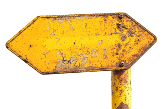 Rusty yellow arrow sign with transparent background, weathered texture, grunge style, isolated, directional, vintage, aged, metal, outdoor, industrial, graphic design element, pointing,