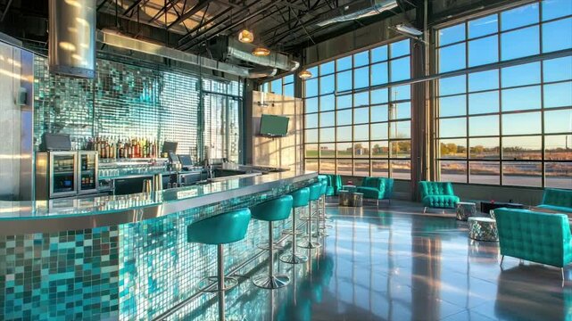 Modern bar with turquoise accents.  Large windows offer a view of the outdoors
