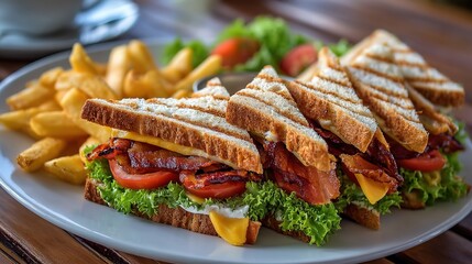 Close-Up of Toasted Bacon sandwich Lettuce Cheese Sandwich with Crispy Golden Fries – Delicious Meal on White Plate