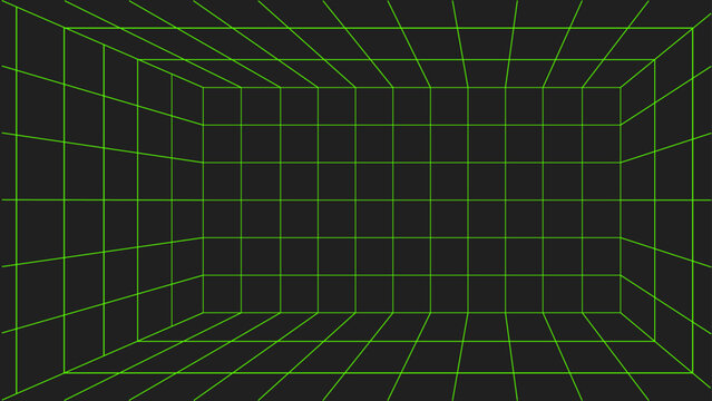 A green net on a black background. A 3d cube checked grid. A green neon lines checked 3d box. Technological futuristic neon light background.