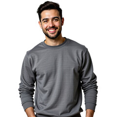 Fototapeta premium Cheerful young man wearing casual gray sweatshirt standing with a friendly smile in a studio setting