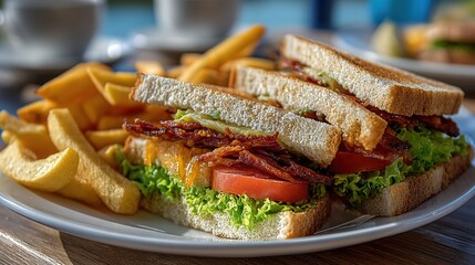 Close-Up of Toasted Bacon sandwich Lettuce Cheese Sandwich with Crispy Golden Fries – Delicious Meal on White Plate