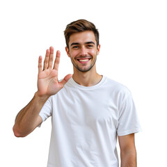 Fototapeta premium Smiling young man waving hello with friendly gesture in a bright casual setting, welcoming atmosphere
