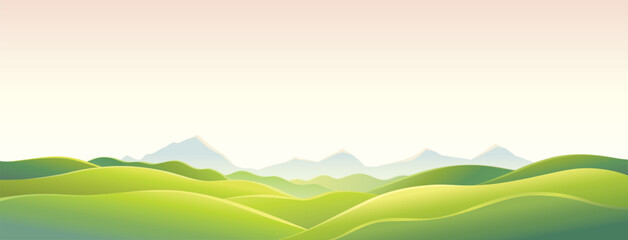 Mountain landscape with green hills in the foreground and a mountain range in the distance. Vector illustration.