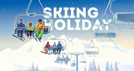 People vacationing at a ski resort, climbing a ski lift to go skiing, against the backdrop of a huge wite mountain range. Vector illustration.
