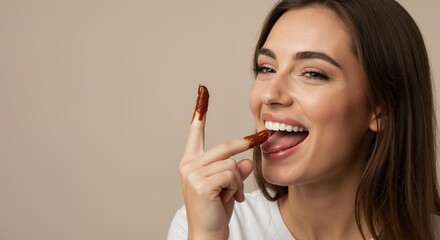 Young woman enjoying chocolate dessert with fingers and smiling  