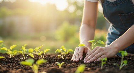 Woman planting seedlings in garden during sunny afternoon  