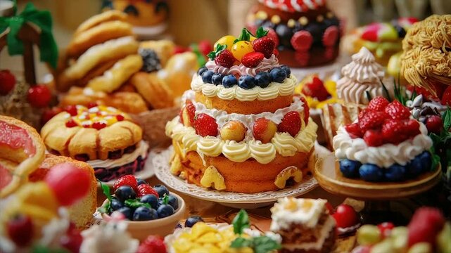 Colorful array of miniature cakes, pastries, and desserts.  A delightful display of sweet treats