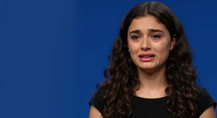Fototapeta premium Young woman crying while speaking to an audience on stage 