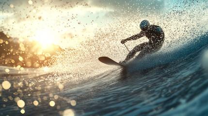 Hyper-realistic 3D render of a water skier cutting sharply across a wave, water spray frozen mid-air, sunlight glinting off droplets 