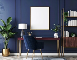 Elegant home office with blank frame blue walls desk chair and plants