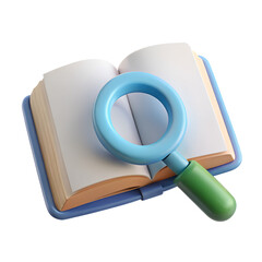 3d magnifying glass and book on a transparent background