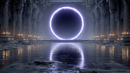 Abstract metaverse portal opening within a glowing digital grid. Futuristic neon colors and dynamic shapes symbolize virtual reality gateways and immersive digital worlds. Caption space on the side.

