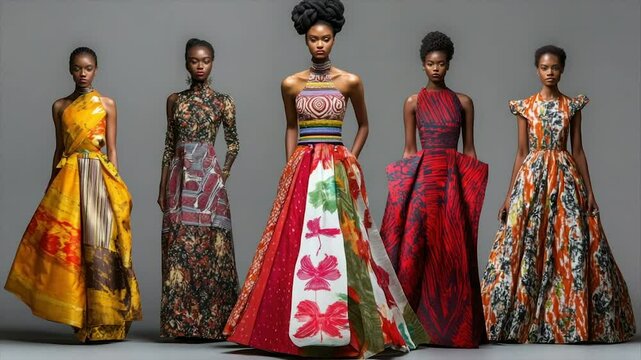 Stylish women in vibrant, diverse maxi dresses.  Detailed patchwork designs and bold colors.  Models showcase modern African-inspired fashion