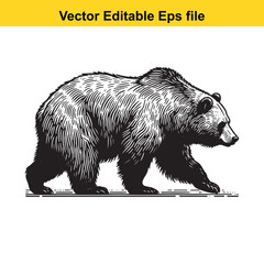 Grizzly Bear Walking Side Profile, Black and White Line Art Vector Illustration