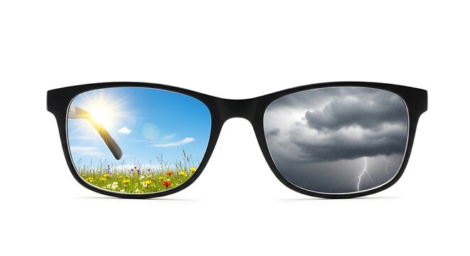 Glasses showing weather sunny day and storm cloud vision optimism pessimism perspective eyewear frame