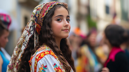 Fototapeta premium During the Romaria de Nossa Senhora da Agonia, the streets of Viana do Castelo come alive with a dynamic religious procession featuring participants dressed in ornate traditional costumes.