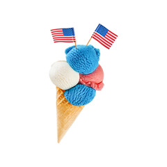 4th of July Holiday Independence background. Mans hand holds colorful ice cream cone with red, white and blue scoops patriotic colors isolated on white background with clipping path. Design element.