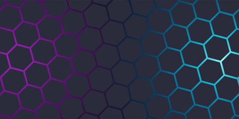 Dark gray 3D hexagonal technology vector abstract background. Blue and pink energy flashes under hexagon in modern technology futuristic background vector illustration. Grey honeycomb texture grid.