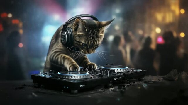 A cat wearing headphones is using a DJ controller in a vibrant, smoky party atmosphere.