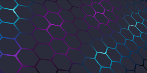 Fototapeta premium Dark gray 3D hexagonal technology vector abstract background. Blue and pink energy flashes under hexagon in modern technology futuristic background vector illustration, eps10