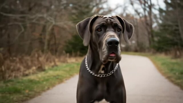 Majestic great dane dog breed standing outdoors on a path in nature looking alert and watchful now