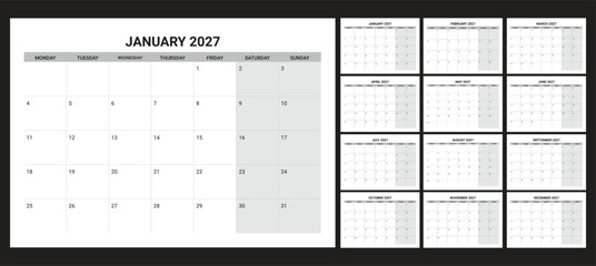 2027 Calendar Printable start from monday 