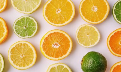 Obraz premium Citrus fruit slices pattern, overhead shot, white background, healthy food