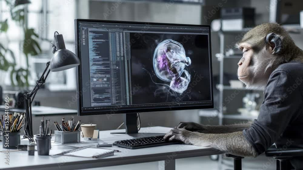 Aufkleber A monkey sits at a desk, using a computer with scientific data and a brain image on the monitor in a modern office setting.