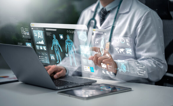 Doctor photo with hand icon. Medical technology. Doctor using AI technology to diagnose, care and improve accuracy of patient treatment in the future. Medical innovation for future health.