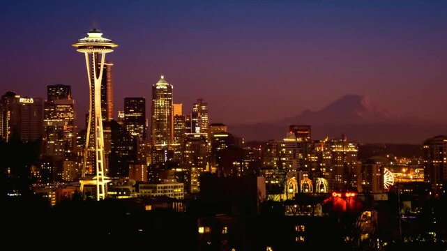 Night View of Seattle Skyline with Mount Rainier in the Background