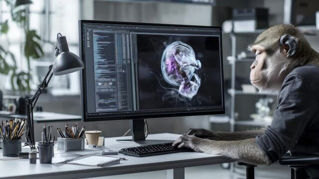 A monkey sits at a desk, using a computer with scientific data and a brain image on the monitor in a modern office setting.