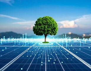 Green tree on solar panels with digital overlay