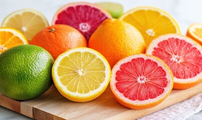 Colorful citrus fruits on wooden board, healthy food, kitchen background, recipe