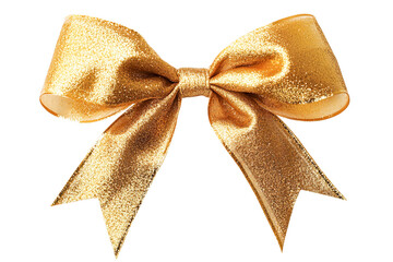 Sparkling gold ribbon bow, tied elegantly, isolated, transparent background, perfect for festive designs, gift wrapping, and celebratory occasions.