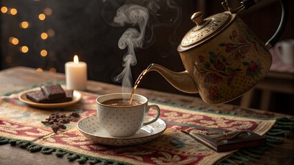 Fototapeta premium A steaming pot of tea pours into a beautiful cup, set against a cozy backdrop with soft candlelight, enhancing the atmosphere.