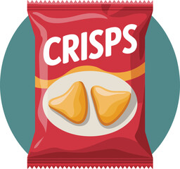 Cartoon Illustration of a Red Bag of Crisps with Two Potato Chips
