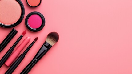 makeup colorful tone Makeup products arranged on a pink background, featuring lipsticks, brushes, and powders.
