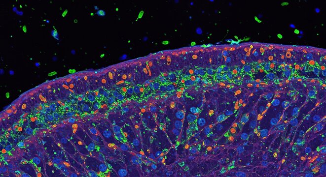 Colorful microscopic image of cells for scientific research and medical study analysis use case on transparent background