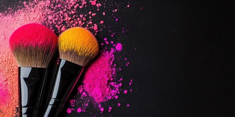makeup colorful tone Makeup brushes with colorful powders on a dark background, showcasing beauty tools and artistry.