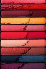 makeup colorful tone Colorful array of lipsticks arranged in strips, showcasing various shades and textures.