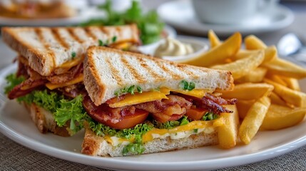 Close-Up of Toasted Bacon sandwich Lettuce Cheese Sandwich with Crispy Golden Fries – Delicious Meal on White Plate Food photography,