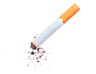 Broken cigarette with transparent background, studio shot, close-up view, showing ash and tobacco fragments scattered, illustrating quitting smoking concept.